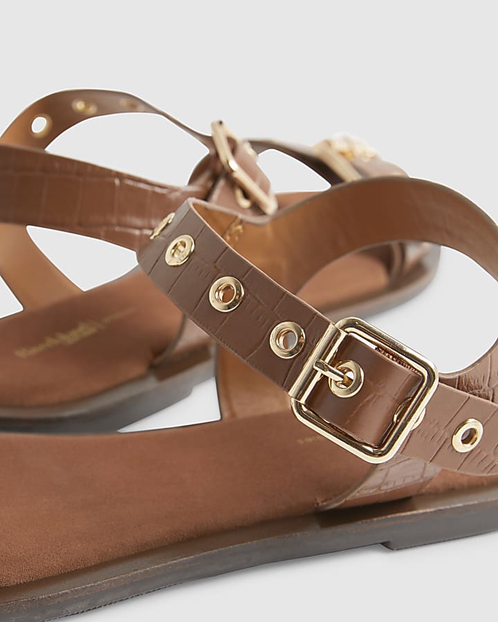 Brown Wide Fit Leather Buckle Flat Sandals
