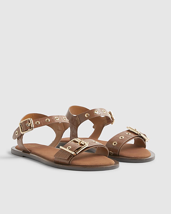 Brown Wide Fit Leather Buckle Flat Sandals