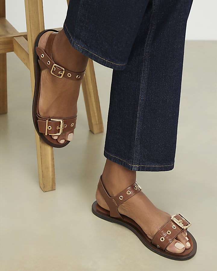 Brown Wide Fit Leather Buckle Flat Sandals