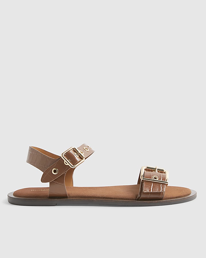 Brown Wide Fit Leather Buckle Flat Sandals