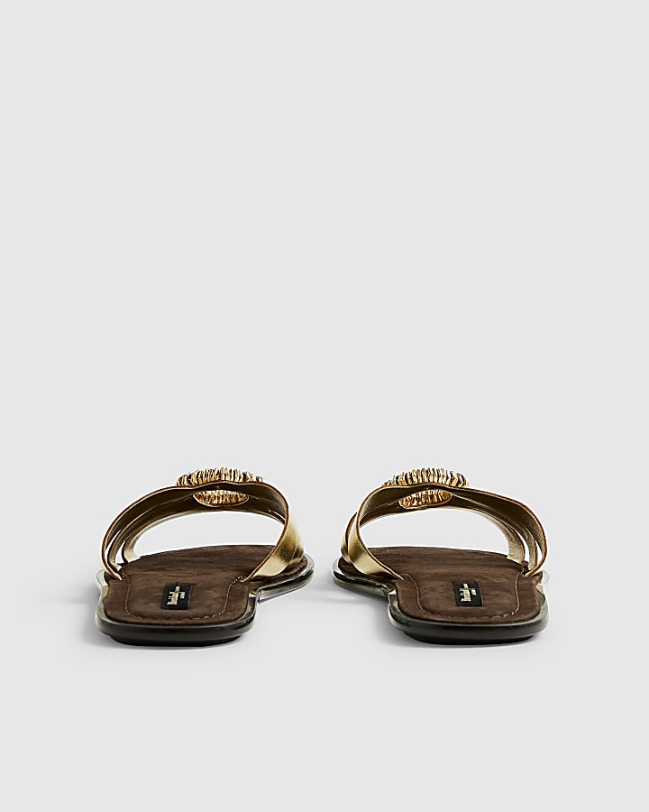 Gold Wide Fit Leather Bead Ring Flat Sandals