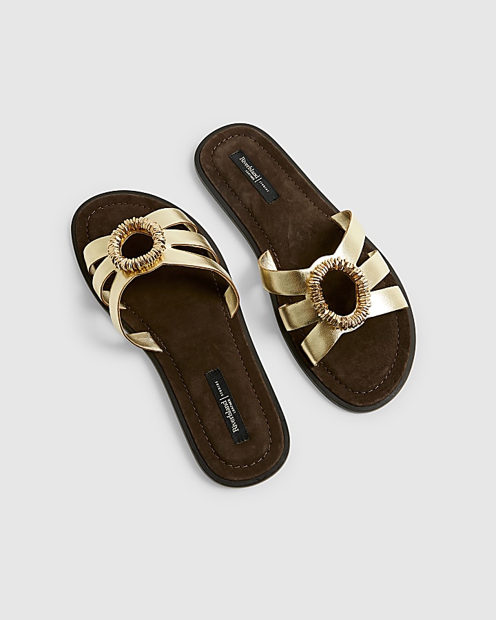 Gold Wide Fit Leather Bead Ring Flat Sandals