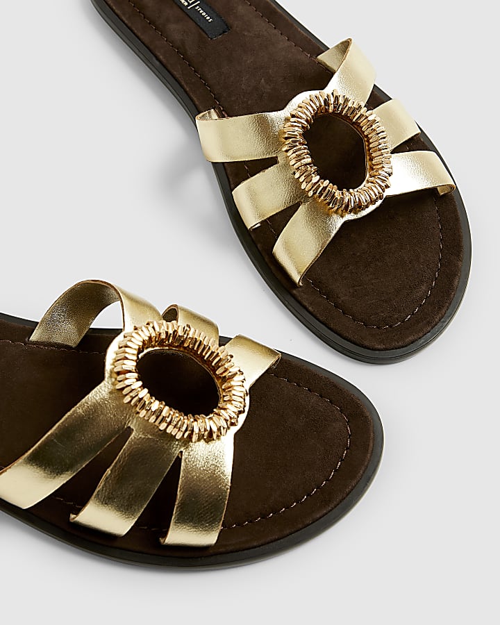 Gold Wide Fit Leather Bead Ring Flat Sandals