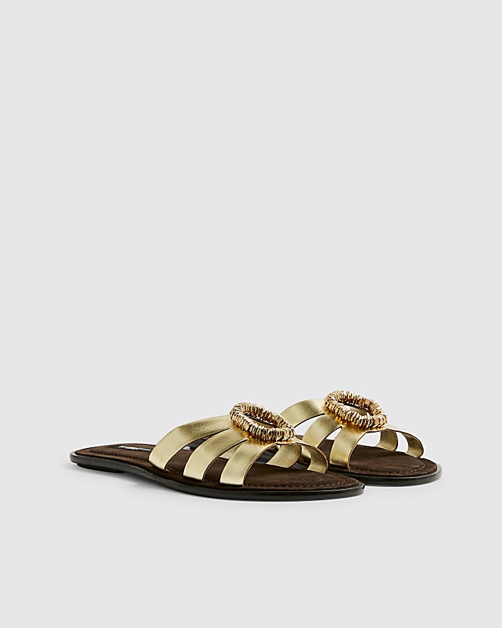 Gold Wide Fit Leather Bead Ring Flat Sandals