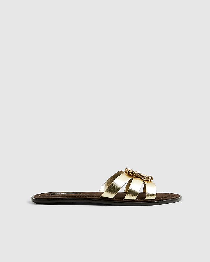 Gold Wide Fit Leather Bead Ring Flat Sandals