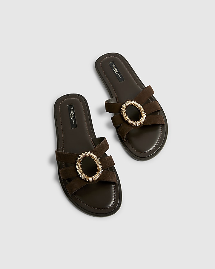Brown Wide Fit Suede Beaded Ring Flat Sandals