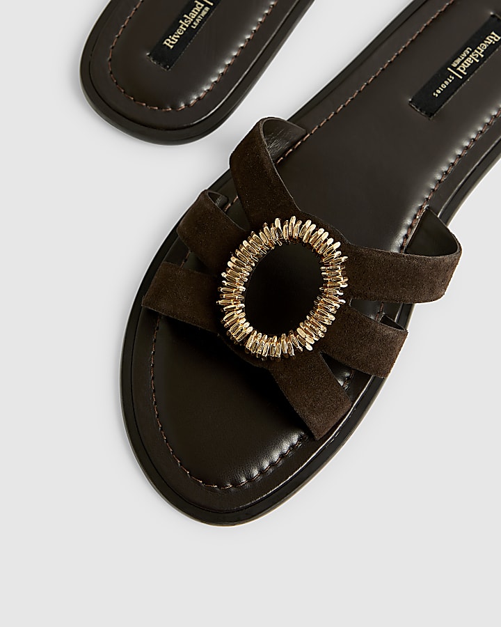 Brown Wide Fit Suede Beaded Ring Flat Sandals