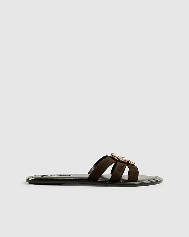 Brown Wide Fit Suede Beaded Ring Flat Sandals