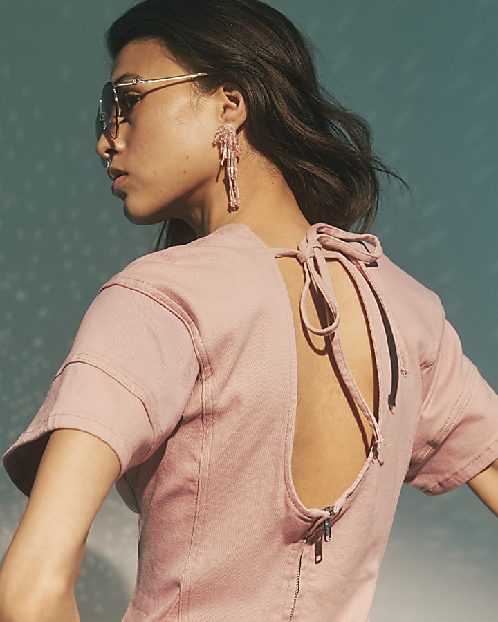 Pink Denim Seamed Mini Dress