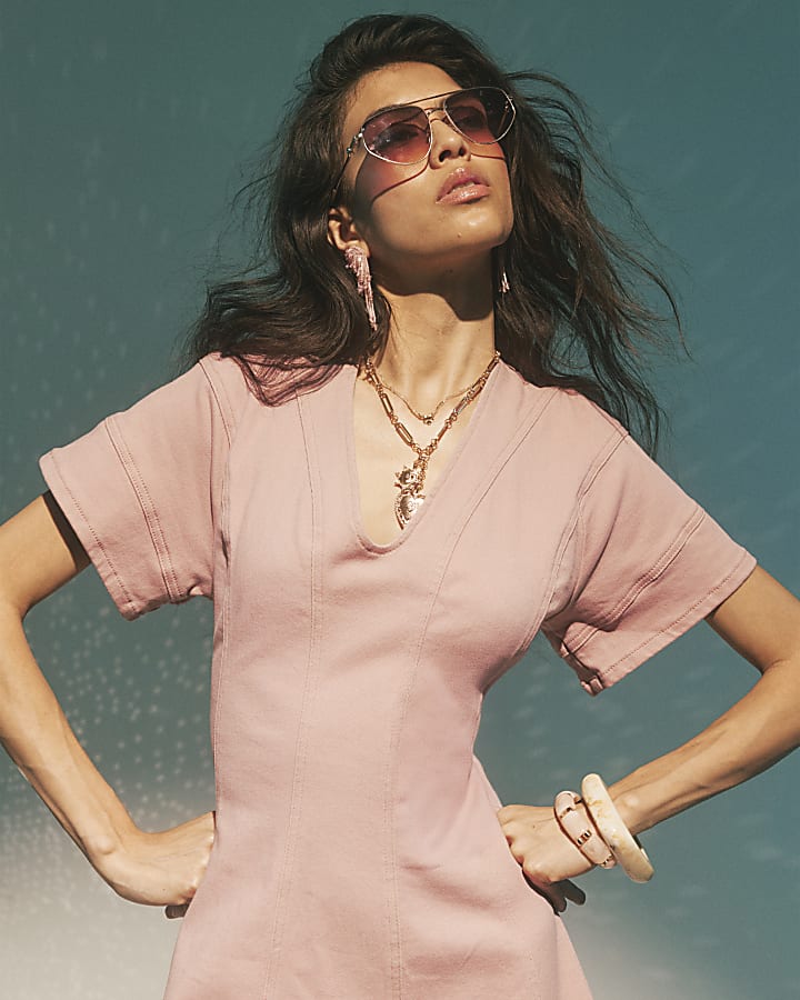 Pink Denim Seamed Mini Dress