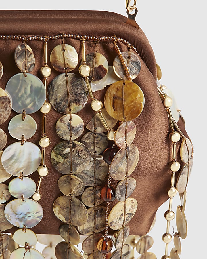 Brown Premium Fringe Shell Clutch Bag