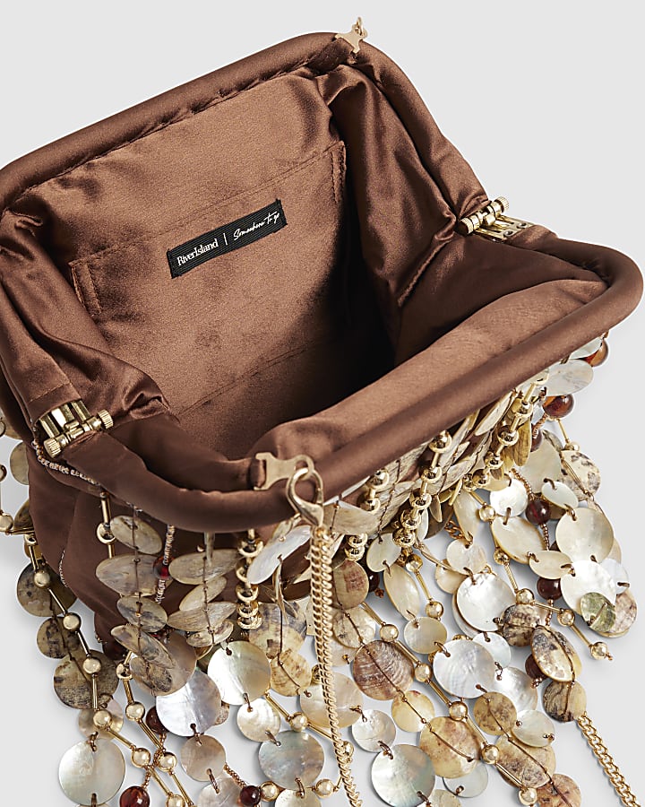 Brown Premium Fringe Shell Clutch Bag