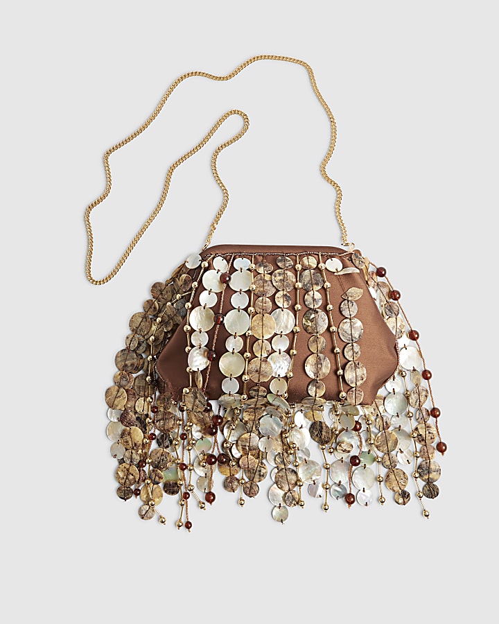 Brown Premium Fringe Shell Clutch Bag