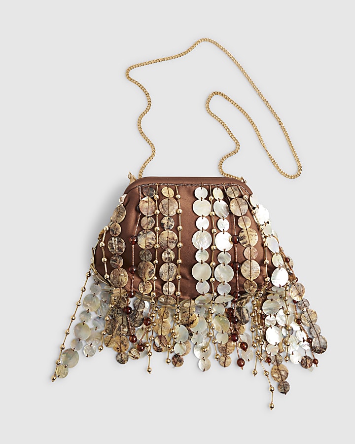 Brown Premium Fringe Shell Clutch Bag