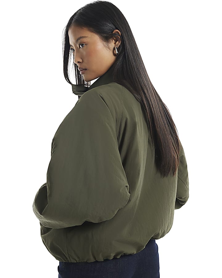 Petite Khaki Rib Detail Bubble Bomber Jacket