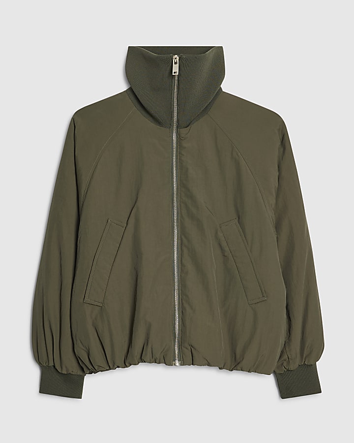 Petite Khaki Ribbed Bubble Bomber Jacket