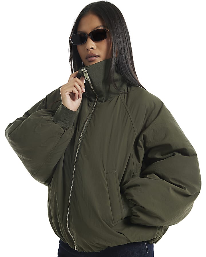 Petite Khaki Rib Detail Bubble Bomber Jacket