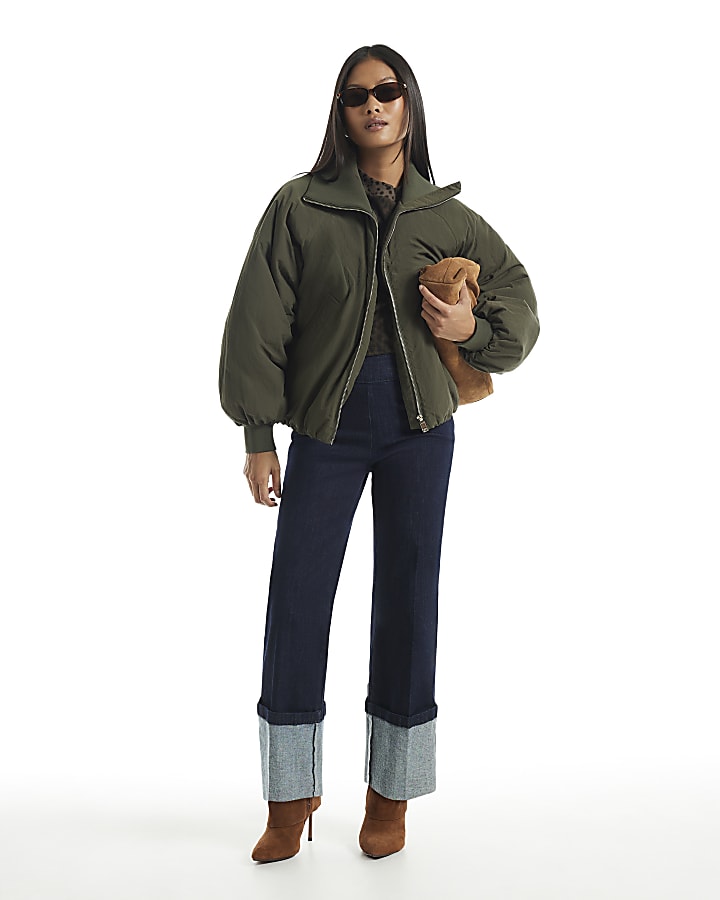 Petite Khaki Rib Detail Bubble Bomber Jacket