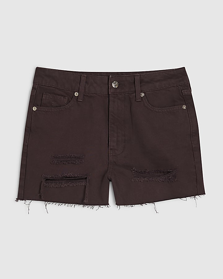 Brown Ripped 5 Pocket Hotpant Denim Shorts