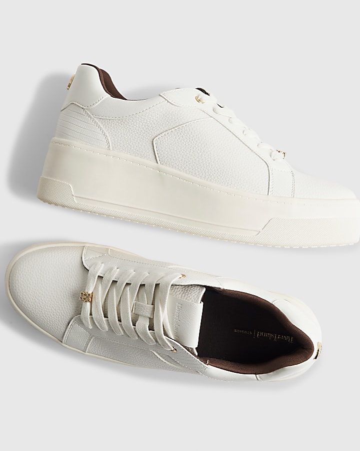 White Wide Fit Lace Up Flatform Trainers
