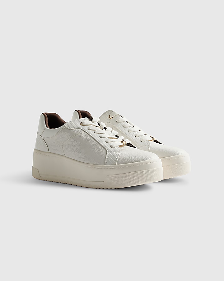 White Wide Fit Lace Up Flatform Trainers