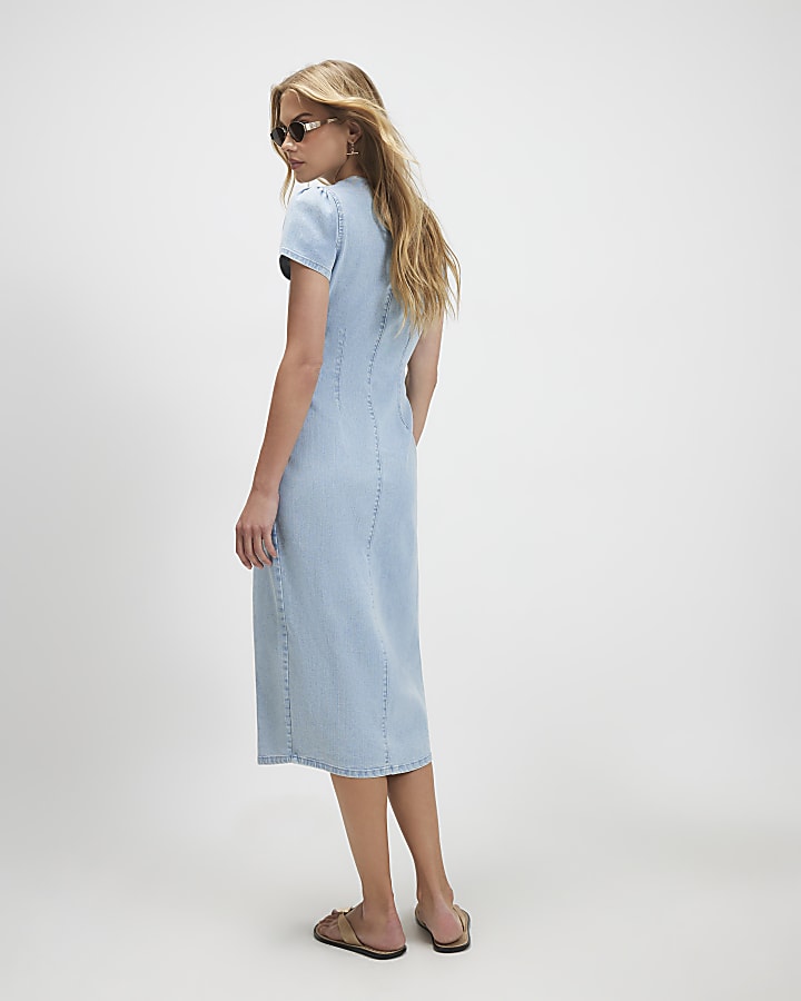 Blue Button Cap Sleeve Denim Midi Dress