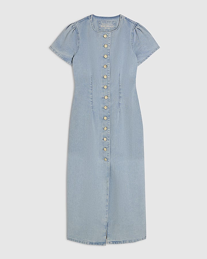 Blue Button Cap Sleeve Denim Midi Dress