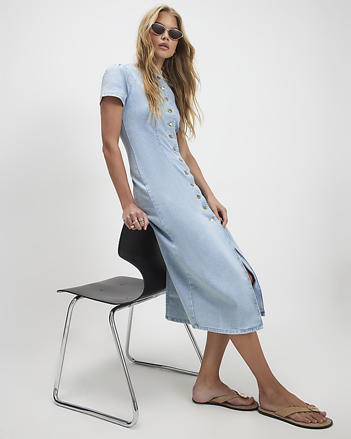 Blue Button Cap Sleeve Denim Midi Dress