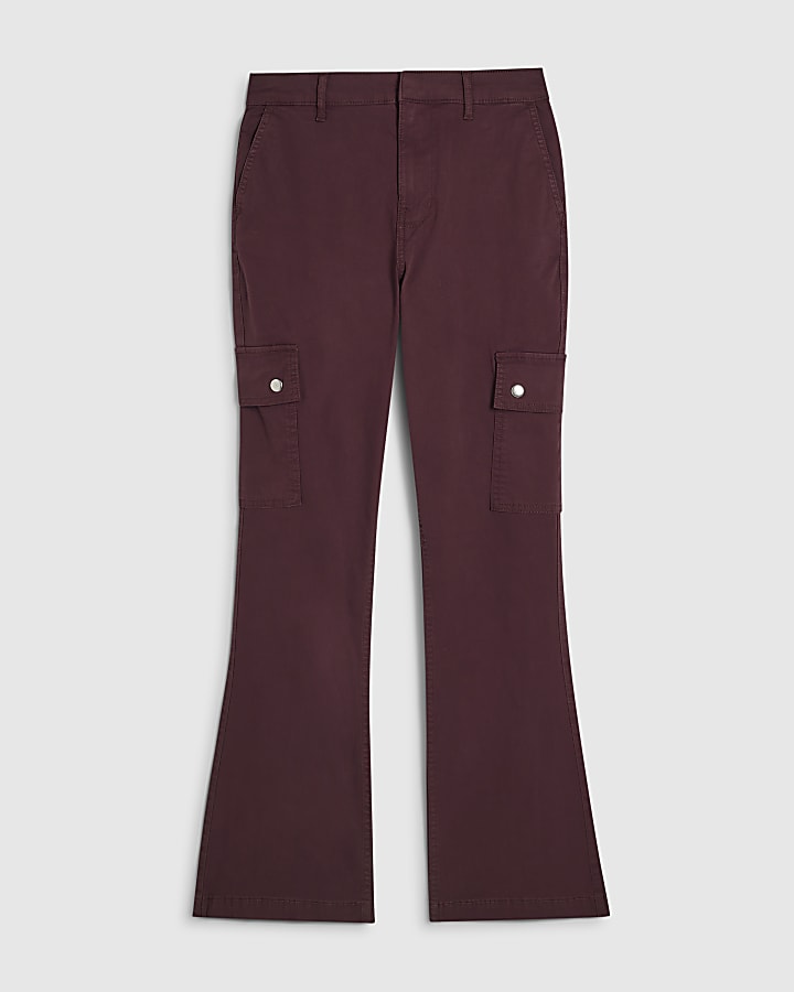 Burgundy Mid Rise Slim Flared Cargo Jeans