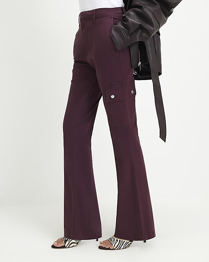 Burgundy Mid Rise Slim Flared Cargo Jeans