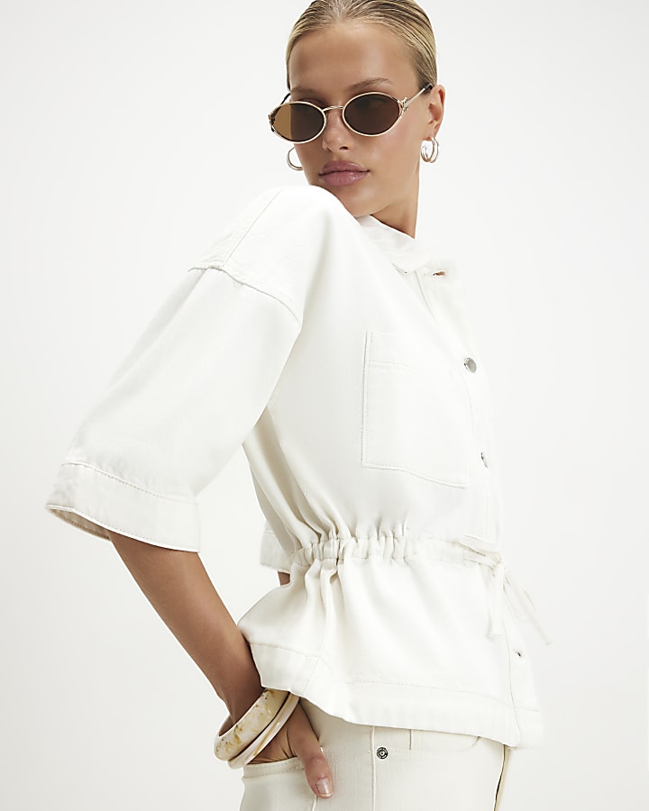 Cream Tie Front Denim Top