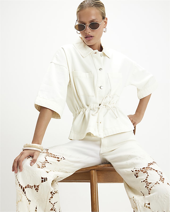 Cream Tie Front Denim Top