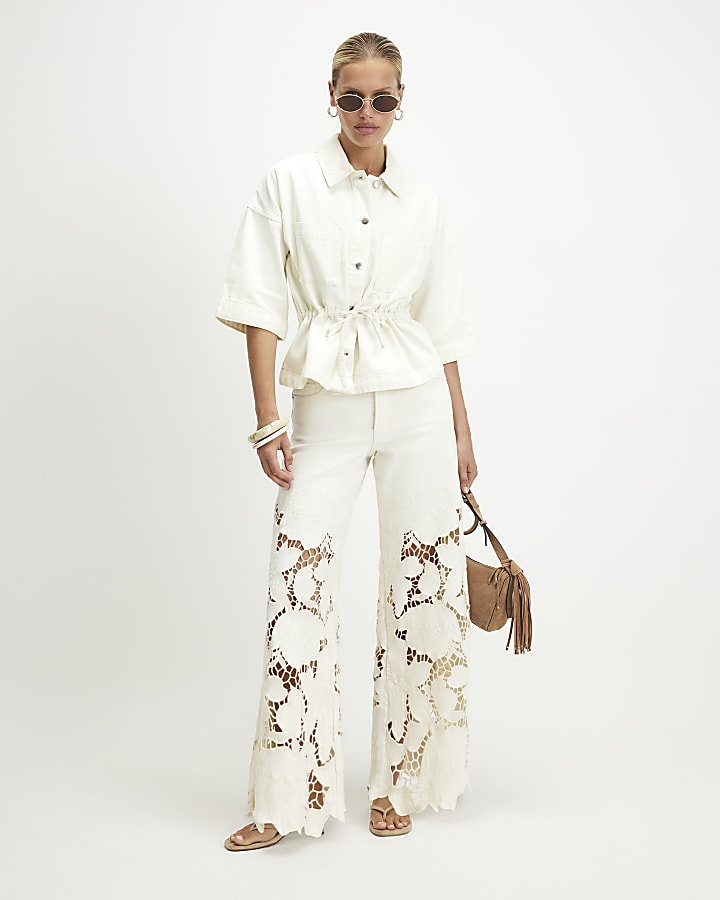 Cream Tie Front Denim Top
