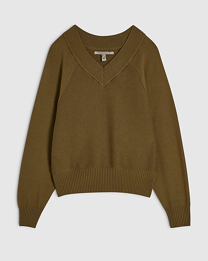 Green Cotton V Neck Jumper