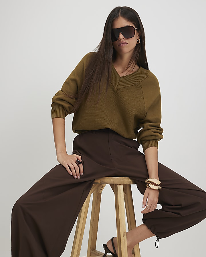 Green Cotton V Neck Jumper