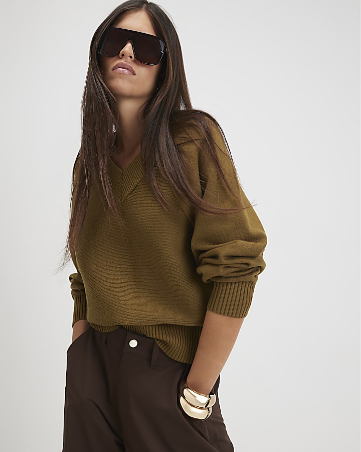 Green Cotton V Neck Jumper