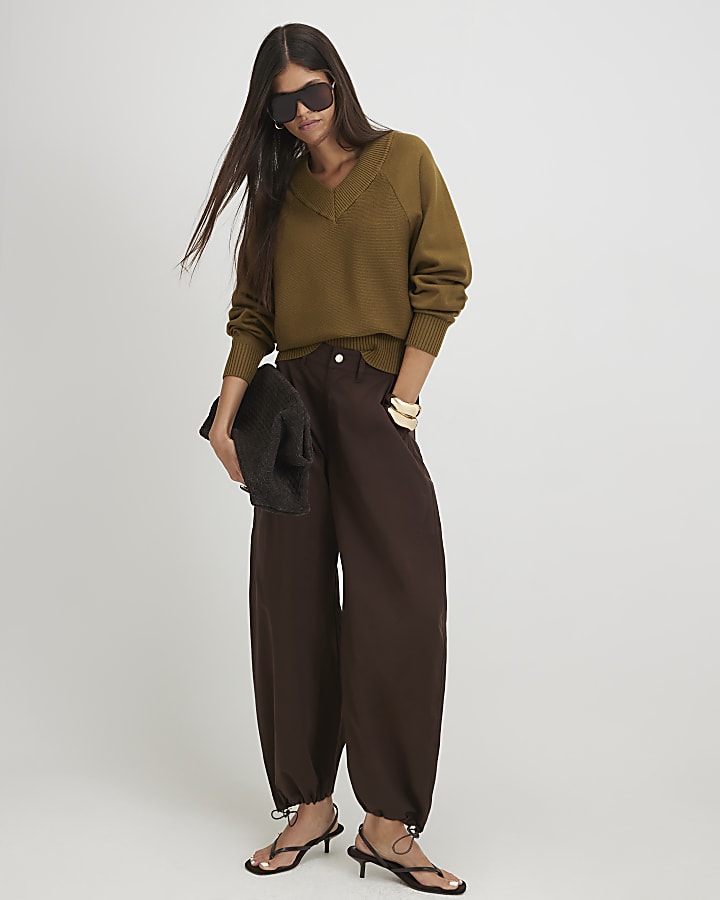 Green Cotton V Neck Jumper