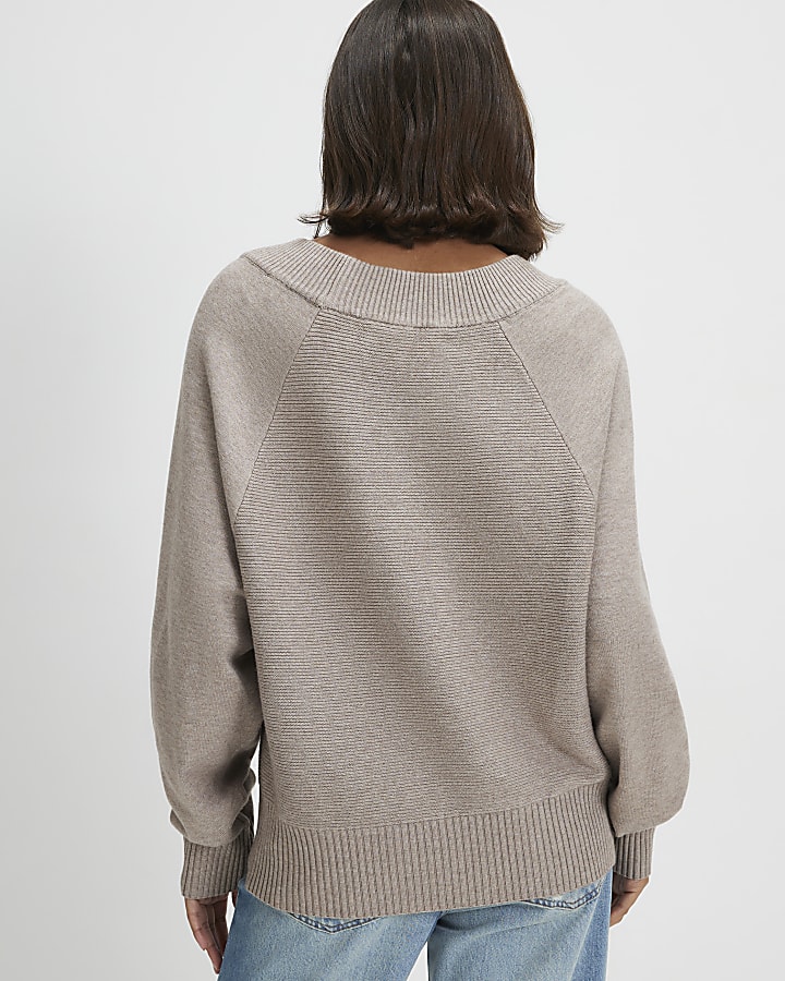 Beige Cotton V Neck Jumper