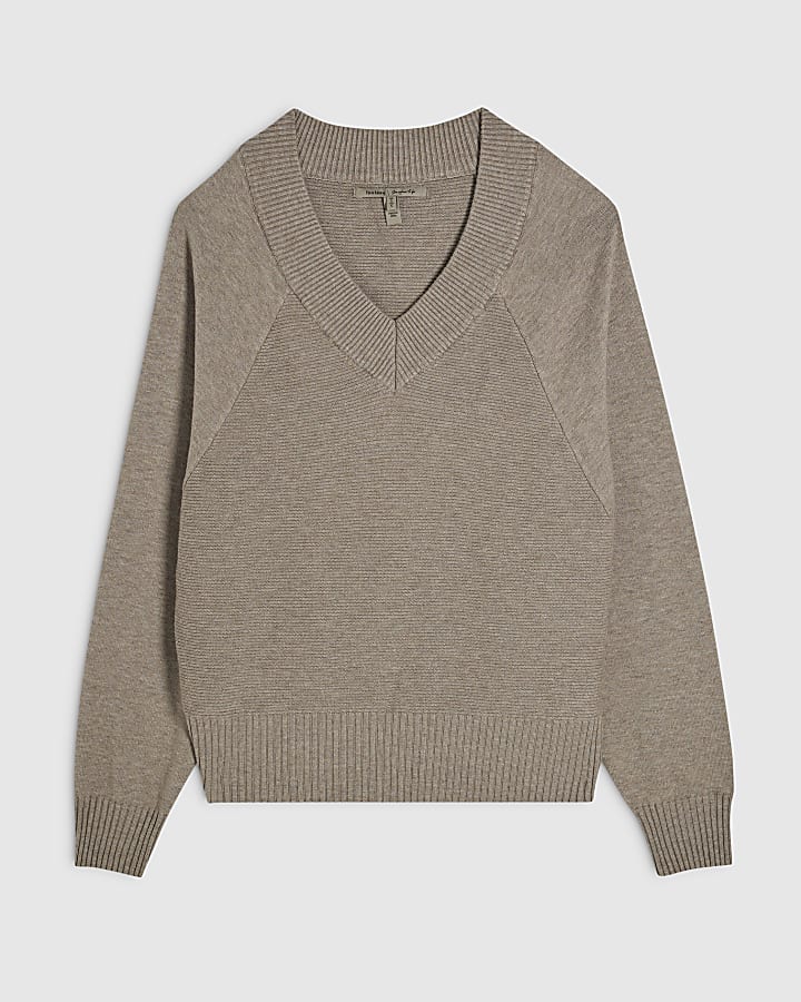 Beige Cotton V Neck Jumper