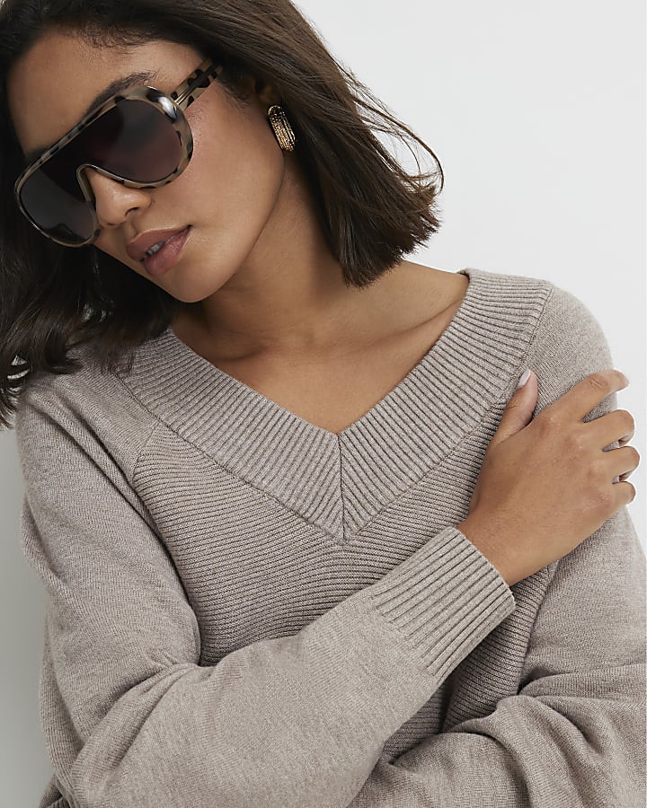 Beige Cotton V Neck Jumper