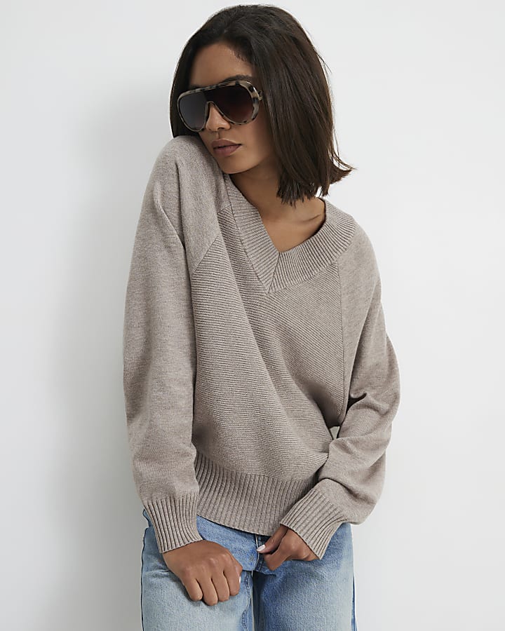 Beige Cotton V Neck Jumper