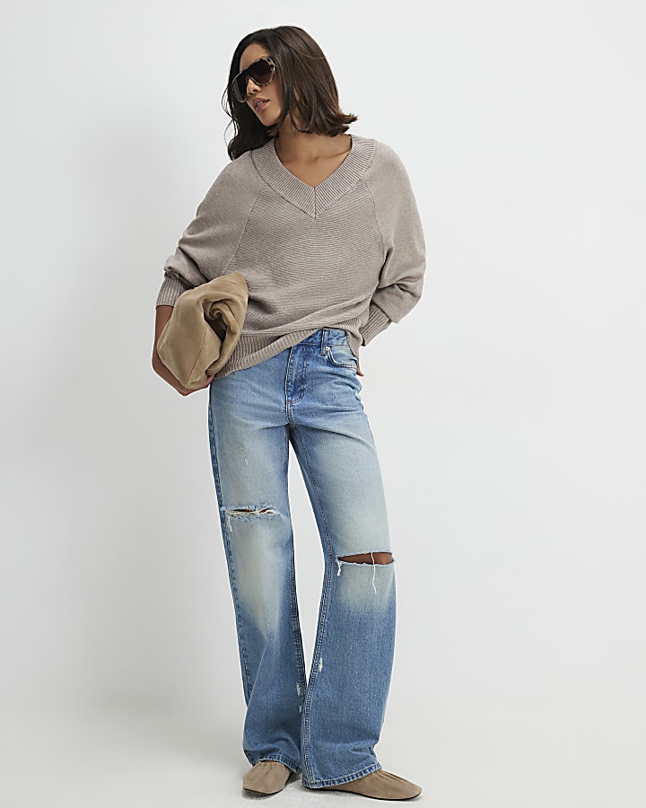 Beige Cotton V Neck Jumper