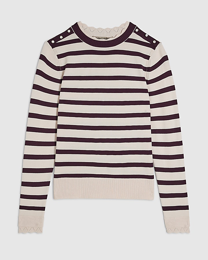 Pink Knitted Stripe Pointelle Trim Top