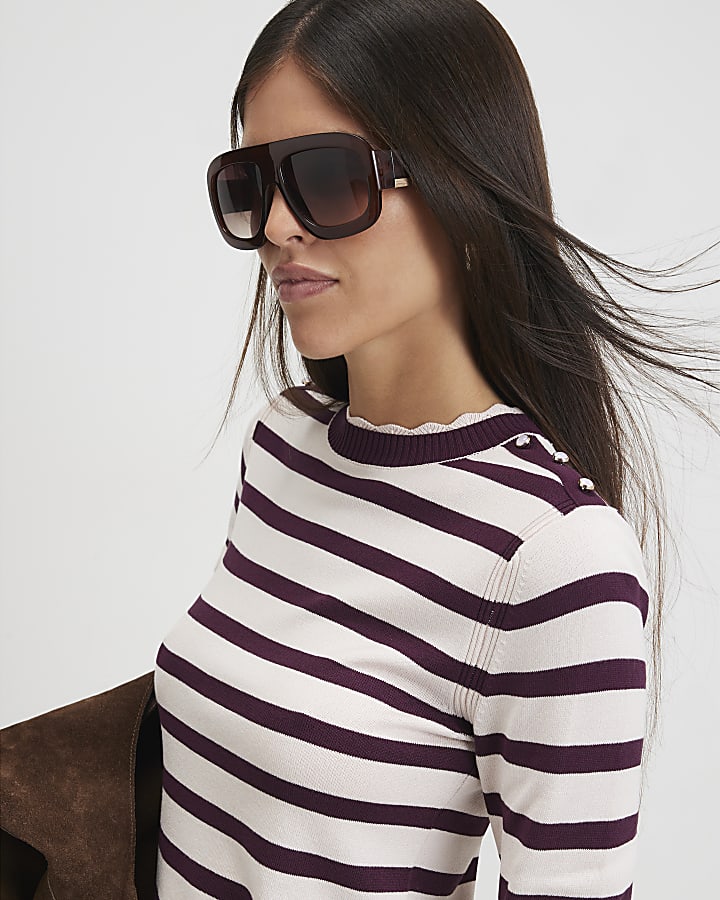 Pink Knitted Stripe Pointelle Trim Top