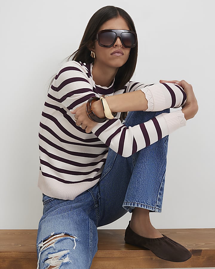 Pink Knitted Stripe Pointelle Trim Top