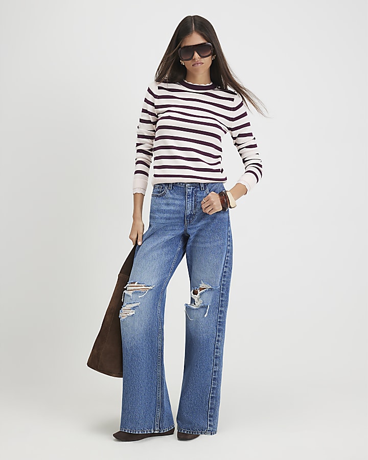 Pink Knitted Stripe Pointelle Trim Top