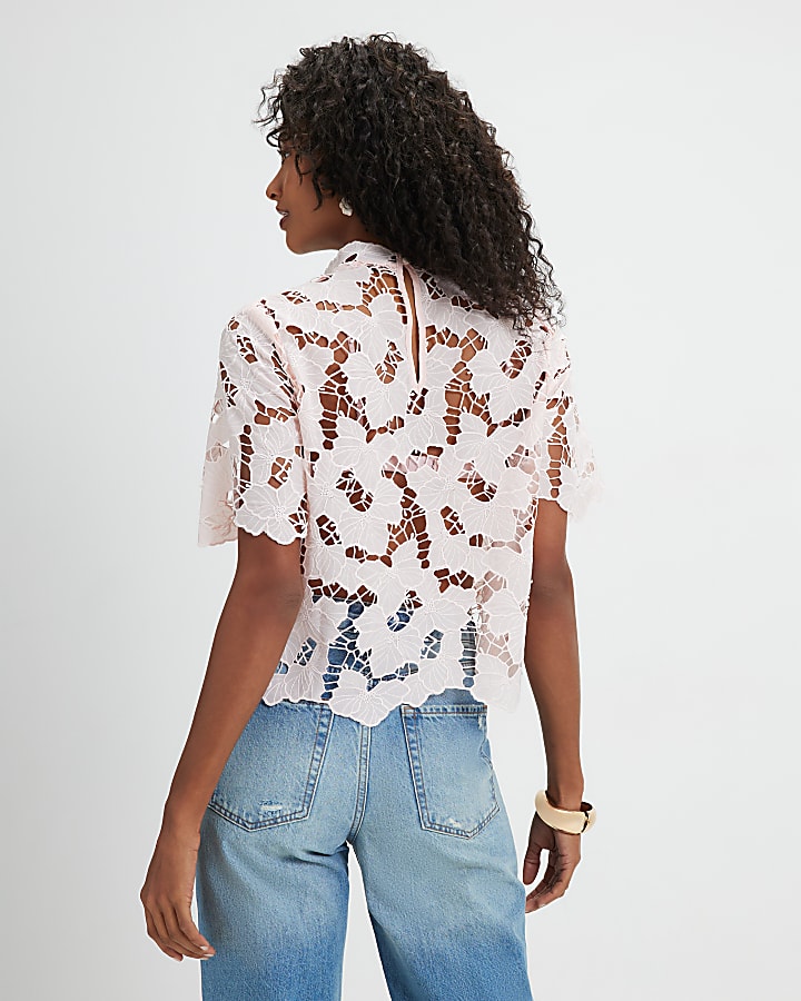 Pink Lace Short Sleeve Blouse