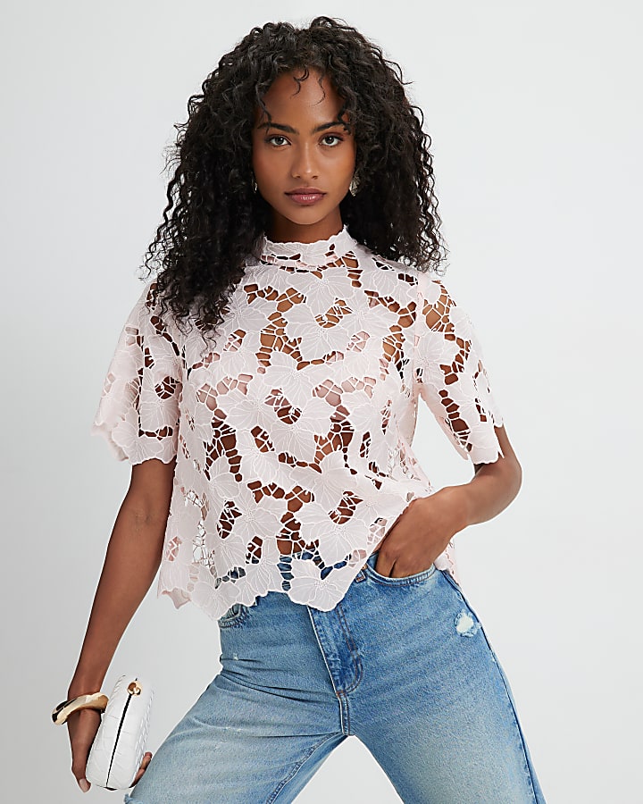 Pink Lace Short Sleeve Blouse
