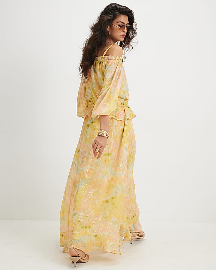 Yellow Metallic Tie Dye Bardot Maxi Dress