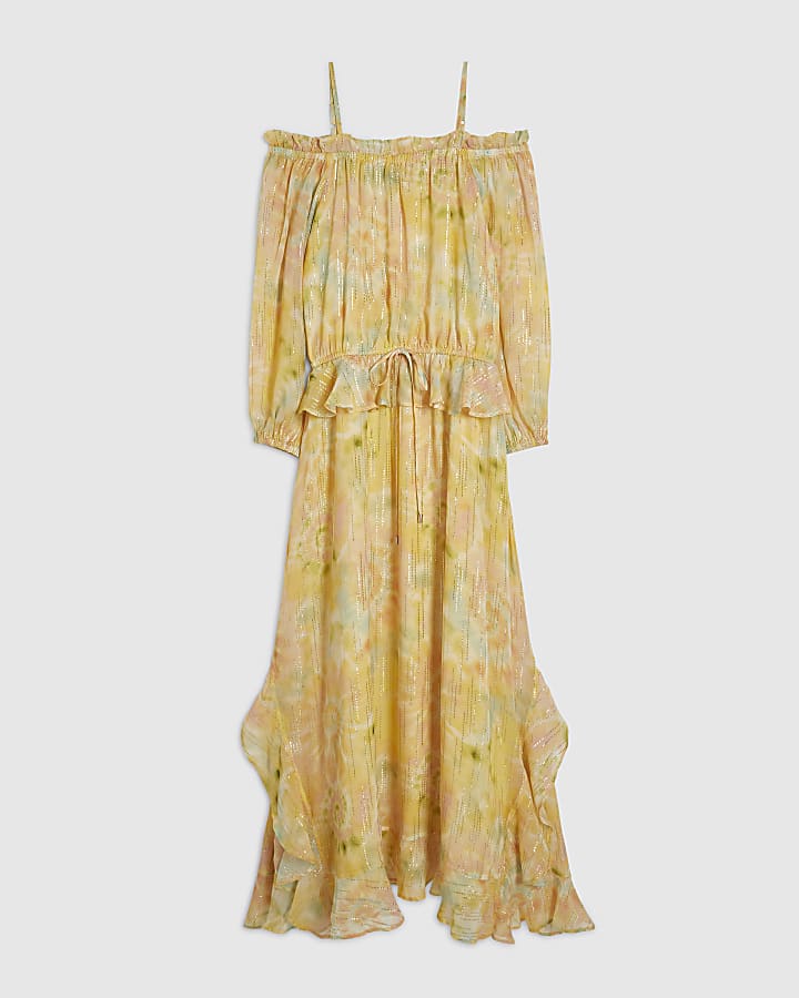 Yellow Metallic Tie Dye Bardot Maxi Dress